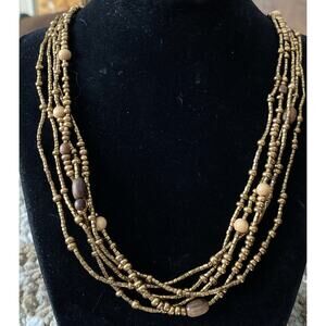 Vintage Signed 30” Multistrand Wood And Metal Beads Varied Size And Color